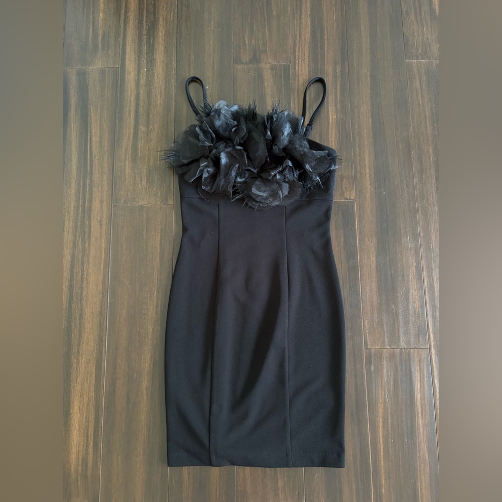 Black Mini Dress Floral Appliqué Strap Dress XS Party Cocktail